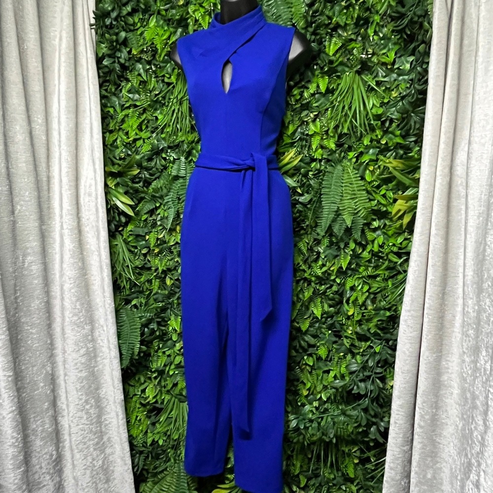 Calvin Klein Jumpsuit Size 8 Blue Mock Neck Keyhole Sleeveless Belted 4178